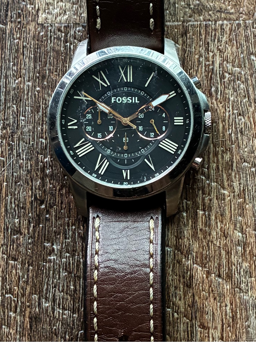 Fossil Grant Chronograph Brown Leather Strap Watch with Black Dial